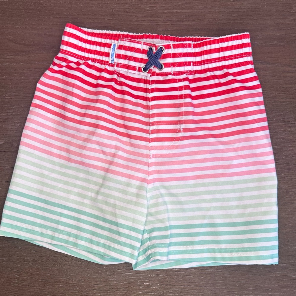 Rugged Butts boys 3T -  Red and Green striped swim trunks